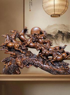 八骏雄风仿木纹摆件开业乔迁商务送礼客厅酒柜电视柜工艺品摆件