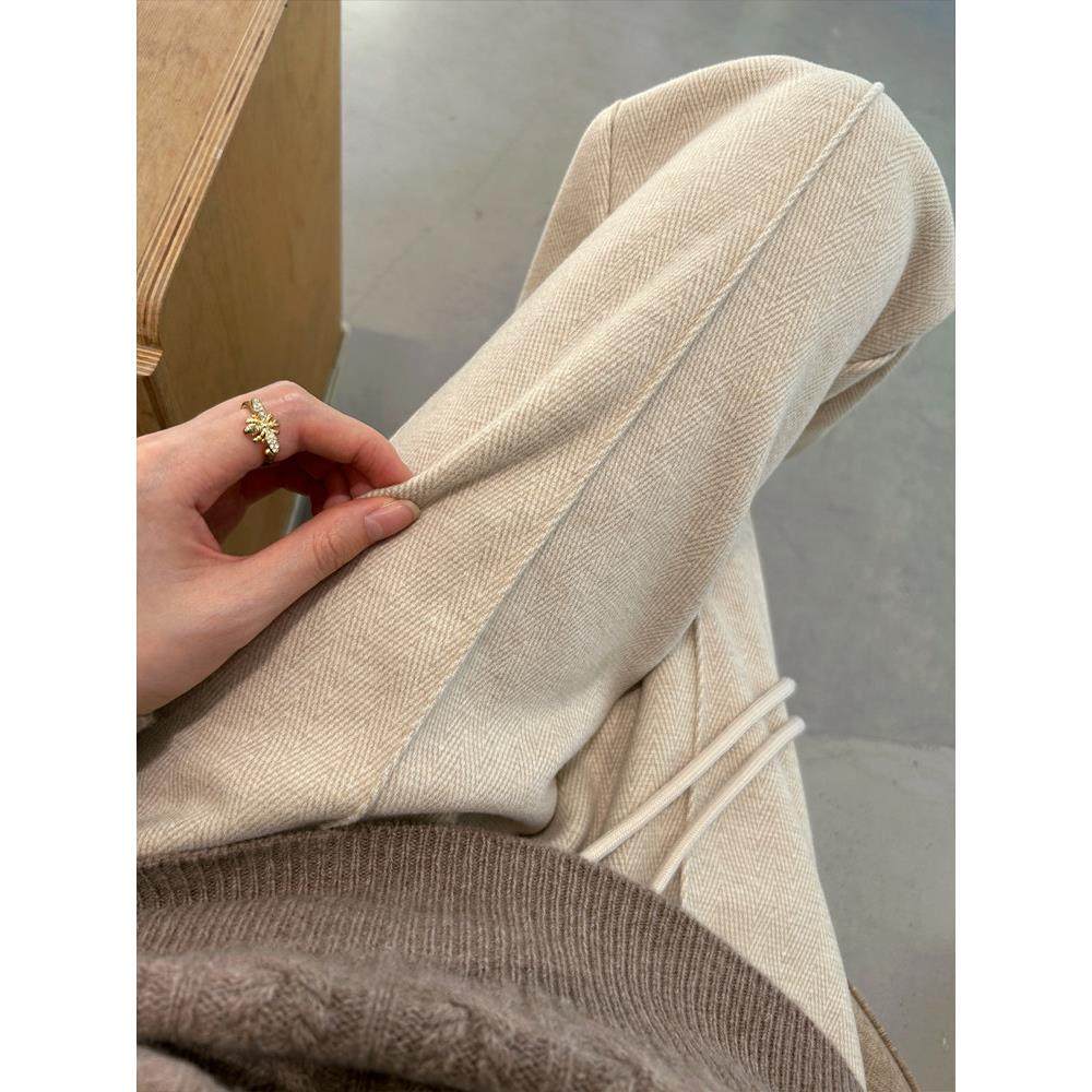 加绒窄版阔腿裤女2025新款春季秋冬垂感高腰毛呢裤人字纹直筒裤子,淘宝优惠券,粉丝福利购,淘宝优惠卷