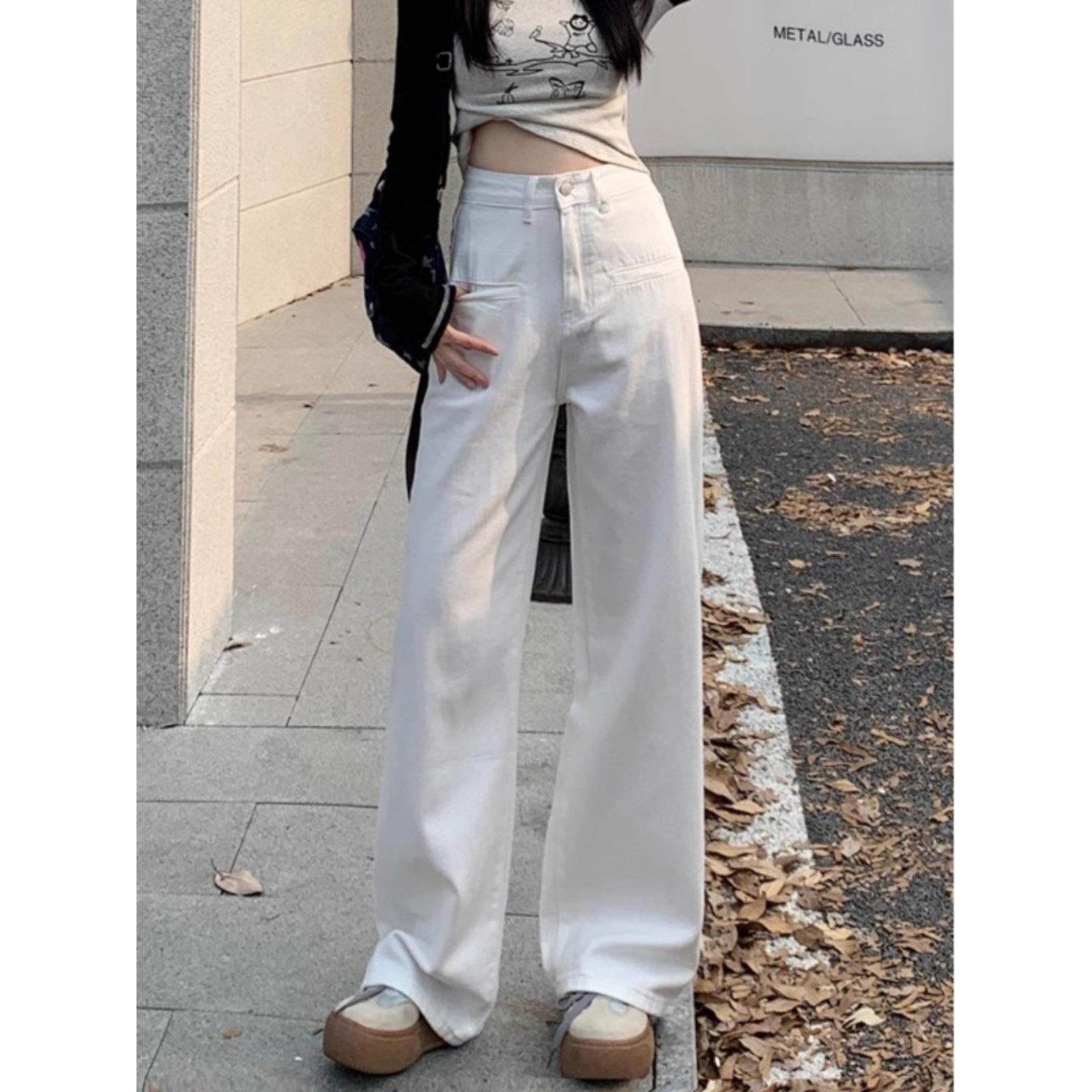 法国鲁耶天真优雅的白色阔腿牛仔裤女士高腰宽松直腿垂地长裤,淘宝优惠券,粉丝福利购,淘宝优惠卷