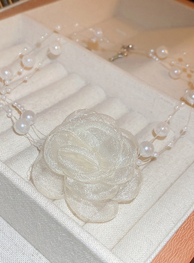 超仙三层珍珠网纱花朵hoker项链