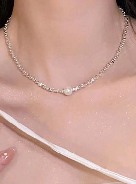 S999纯银碎银子项链女款珍珠锁骨