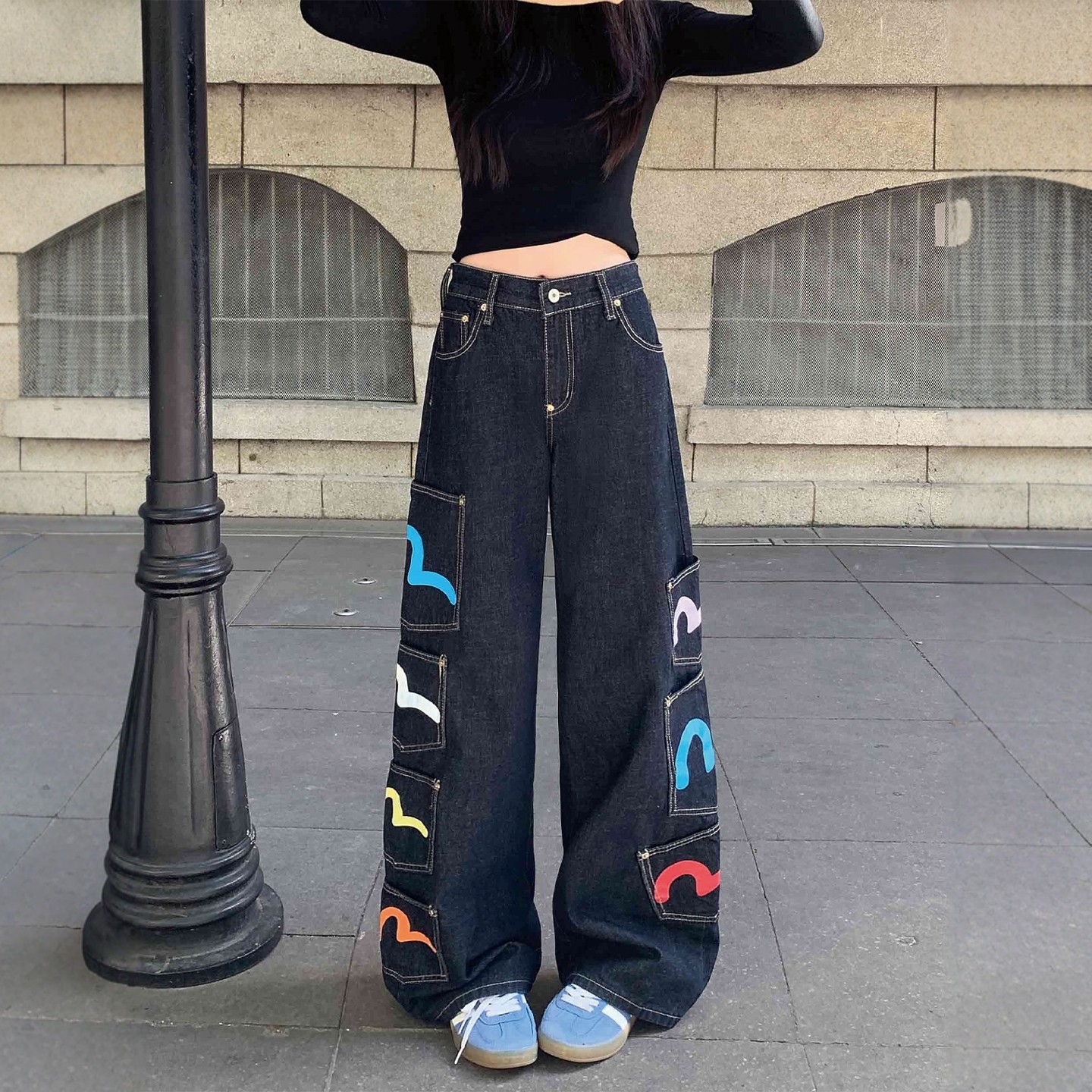 美式复古重工多口袋印花牛仔裤女男高街设计感宽松显瘦直筒阔腿裤,淘宝优惠券,粉丝福利购,淘宝优惠卷