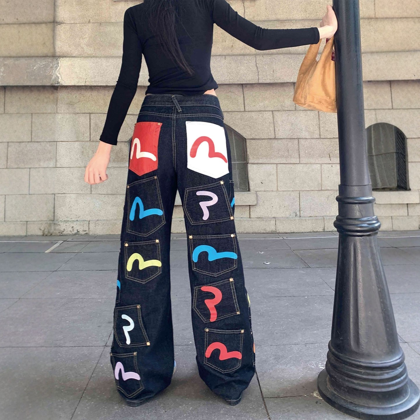 美式复古重工多口袋印花牛仔裤女男高街设计感宽松显瘦直筒阔腿裤,淘宝优惠券,粉丝福利购,淘宝优惠卷