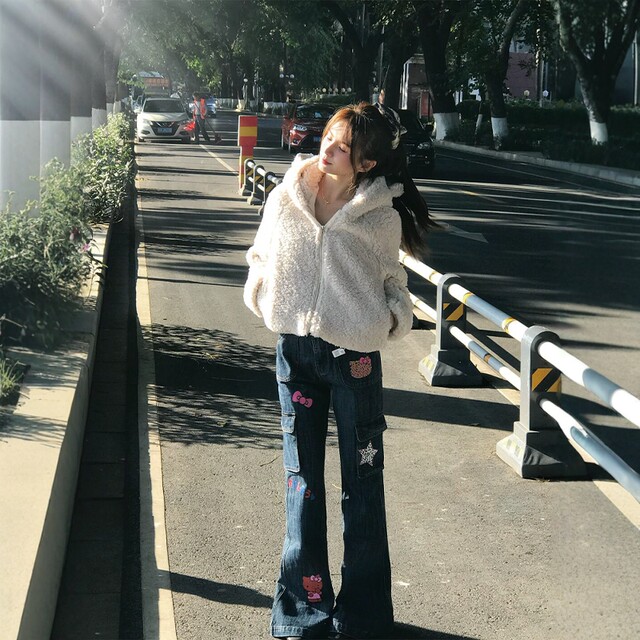 American retro cartoon KT cat print bootcut jeans