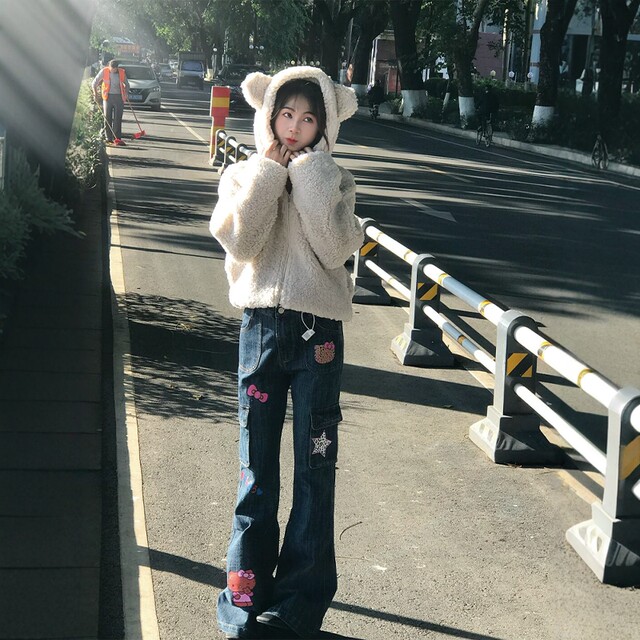 American retro cartoon KT cat print bootcut jeans