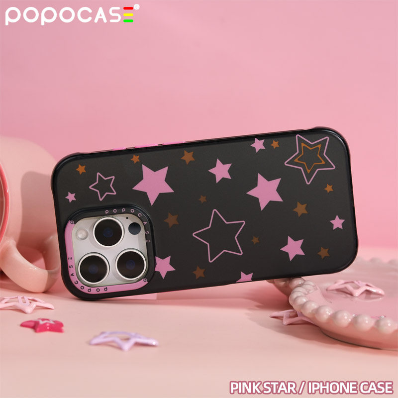 POPOCASE原创黑粉镭射星星小众设计ins磨砂带挂绳孔16promax手机壳iphone15pro新款炫彩渐变镭射14苹果保护套
