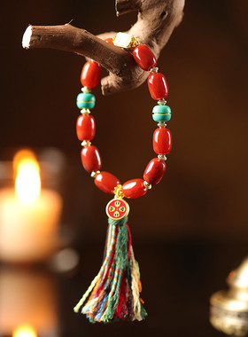 五台山炽焰鎏金藏风南红玛瑙手串