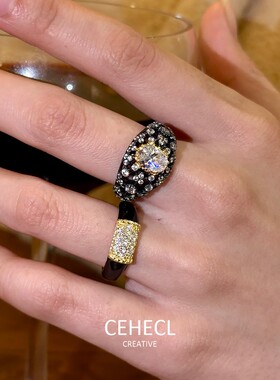 黑色椭圆闪钻戒指女中古宽面指环