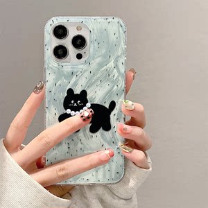 日韩ins羽纱黑猫珍珠项链适用iPhone15promax手机壳苹果14新款13pro渐变15小清新11高级14promax全包12手机套