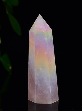 天然电镀彩色粉晶单尖水晶柱六棱柱原石打磨摆件家居装饰工艺品