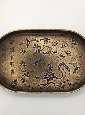 纯铜盘子纯手工漆绘仿古铜器茶盘托盘家居办公茶道装饰工艺品摆件
