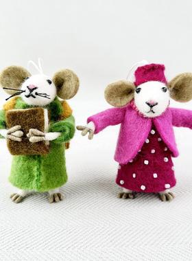 手工羊毛毡粉色贵妇小狗老鼠摆件可做挂件卡通时尚ins日韩尼泊尔