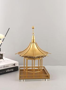新中式禅意金属建筑凉亭桌面装饰摆件客厅书房玄关酒店家居装饰品
