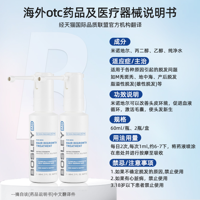 美国进口BosleyMD米诺地尔生发液女性小白管酊防脱发掉发60ml