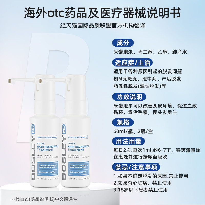 【进口米诺】BosleyMD美国米诺地尔小白管酊搽剂男女生发液60ml*1 - 图3