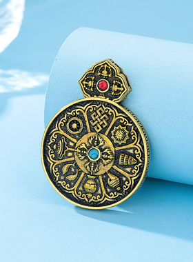 藏族纯黄铜莲师文殊九宫八卦牌