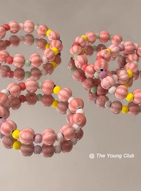 清瑾珠芝芝桃桃陶瓷红花玉圆珠手串女多巴胺原创复古手链串珠饰品