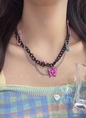 清瑾珠黑色别针蝴蝶吊坠项链女甜酷辣妹风y2k双层叠戴小众锁骨链