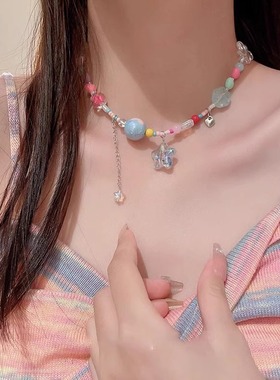 多巴胺糖果色张函瑞明星同款项链夏日新款彩色串珠颈链百搭锁骨链