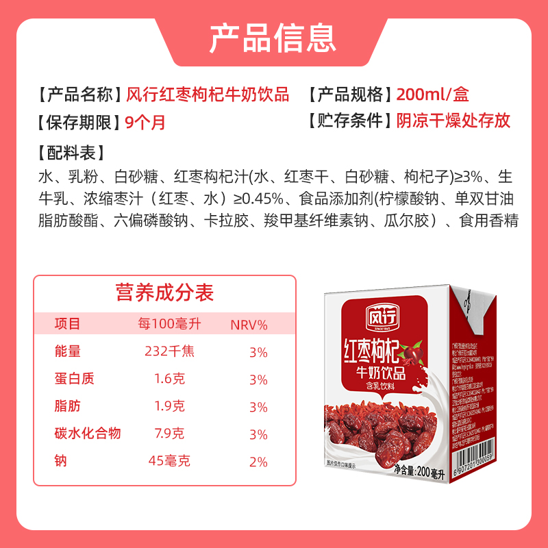 【尝鲜装】风行红枣枸杞/蓝莓/酸味200ml*6盒组装广府风味奶任选 - 图0