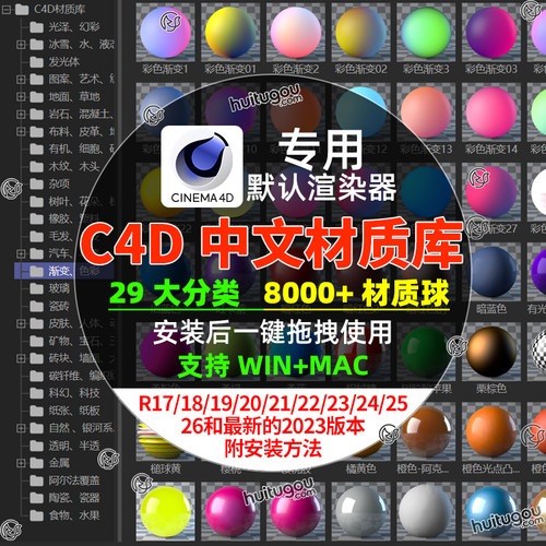 C4D材质球自带渲染中文材质库预设包c4d布料金属草地玻璃塑料皮革 - 图0