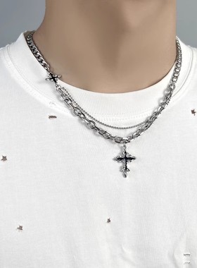 新款黑色十字架项链男潮帅气