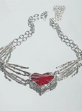 朋克个性暗红爱心吊坠颈链