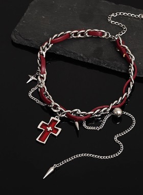 暗黑十字架铆钉绯红项链小众设计