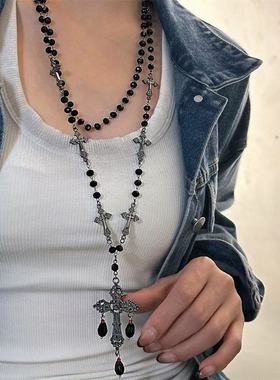 叠戴哥特风黑色串珠十字架项链女