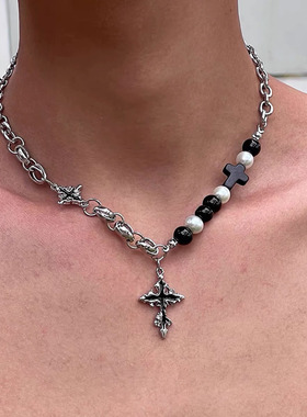 黑色十字架串珠拼接项链男女小众