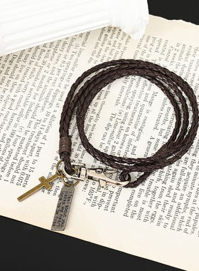 Vintage古着皮绳十字架方牌手链