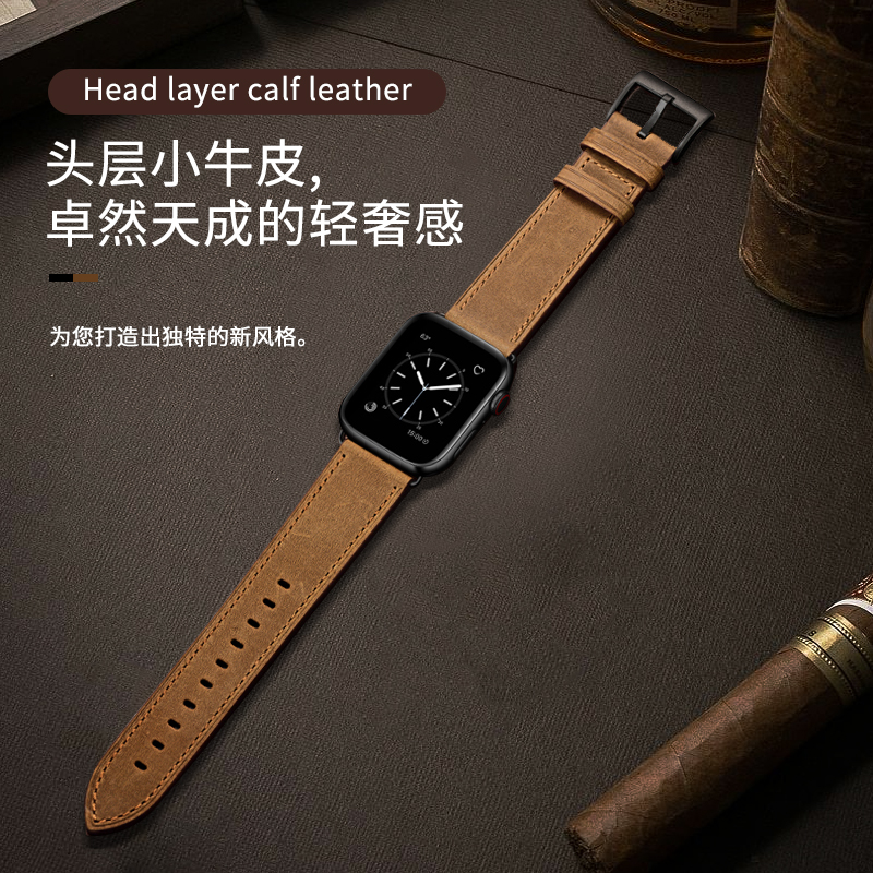 水霖iwatch皮表带适用苹果手表s9/7/6男女款夏applewatchse2真皮质小众高级感智能手表ultra表带5/4/3/1时尚