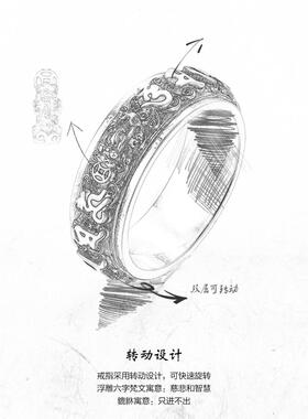 戒指男款纯银貔貅六字梵文转动复古自律男士情侣七夕女情人节礼物