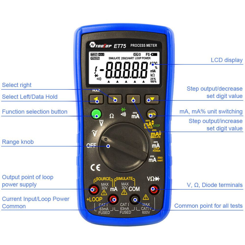 TOOLTOP ET75 万用表功能+过程信号源(2合1) 输出DCA:4~20mA - 图1