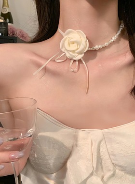 纯欲山茶花珍珠颈链女夏choker超仙轻奢高级感配饰配裙子百搭项链