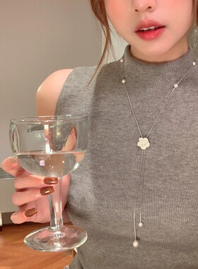 法式山茶花珍珠抽拉项链女秋冬气质百搭长款毛衣链小众高级感配饰