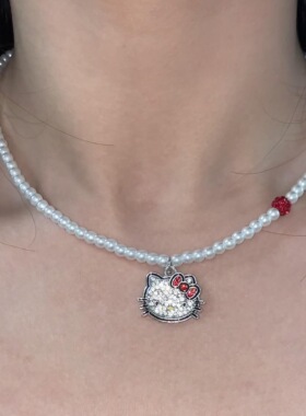 甜美可爱满钻猫咪蝴蝶结吊坠珍珠项链女小众时尚精致百搭锁骨链潮