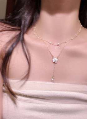 双层山茶花流苏珍珠项链女2025年新款爆款小众轻奢设计感锁骨链