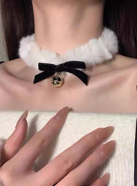 圣诞节红色丝绒蝴蝶结铃铛项圈女毛绒choker颈项链锁骨链配饰品