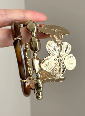 Vintage古着金色花朵叠戴三件套手链女小众饰品高级感设计感手镯