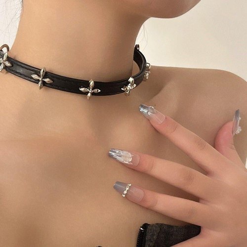 复古辣妹暗黑十字架choker朋克风PU皮质哥特风颈链项圈项链锁骨链 - 图1