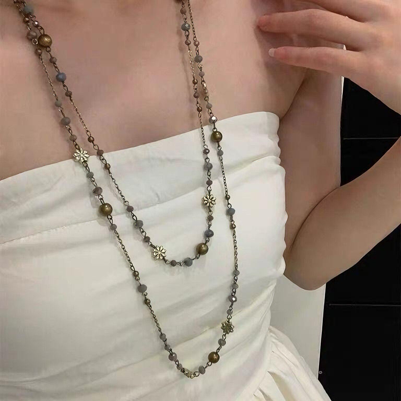 复古辣妹做旧串珠长款项链双层叠戴波西米亚民族风彩色花小众颈饰 - 图2