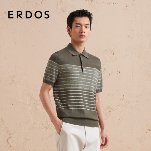 ERDOS 桑蚕丝棉混纺短袖POLO衫夏橄榄绿提花渐变条纹男士半袖上衣 - 图1