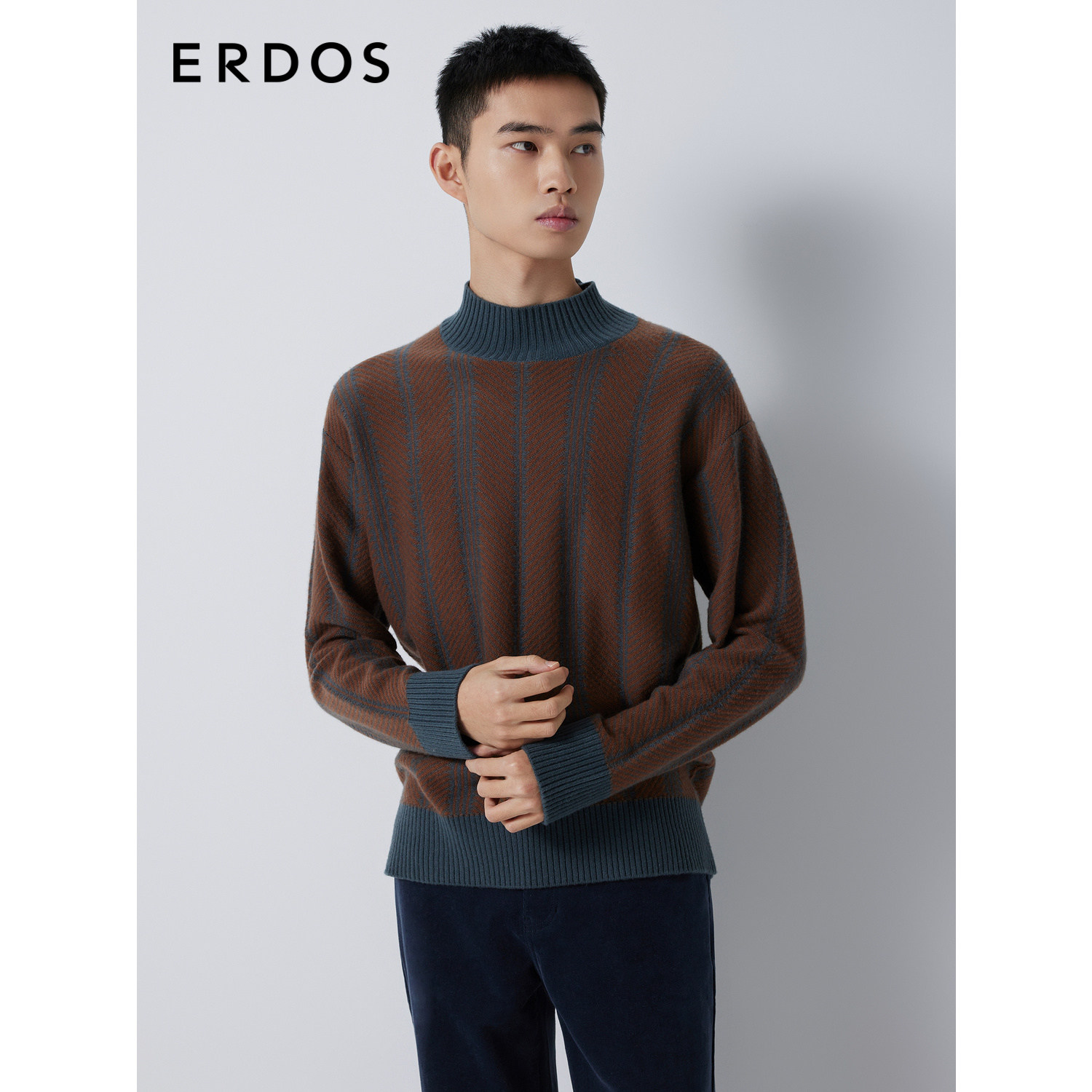 ERDOS 男装羊绒衫秋冬半高领拼色翻花厚款宽松微弹针织衫,淘宝优惠券,粉丝福利购,淘宝优惠卷
