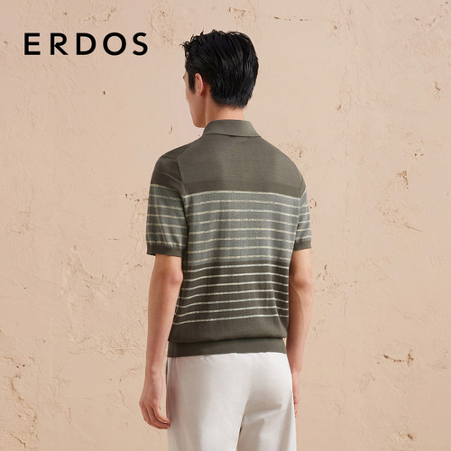 ERDOS 桑蚕丝棉混纺短袖POLO衫夏橄榄绿提花渐变条纹男士半袖上衣 - 图2