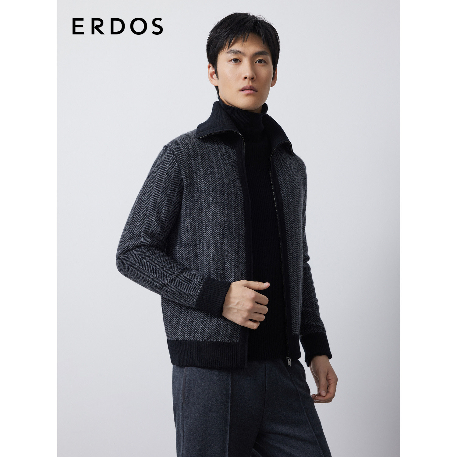ERDOS 男装羊绒开衫外套秋冬高领拉链波浪图案轻运动羊绒衫,淘宝优惠券,粉丝福利购,淘宝优惠卷