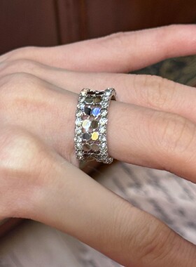 银色流光碎冰冰宽面戒指小众设计