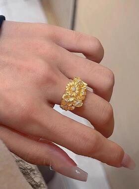 黄金色拉丝繁花戒指女小众设计