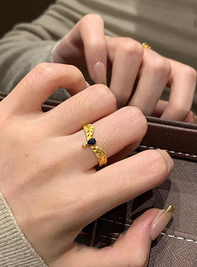 金色羽毛黑色仿钻戒指女款法式