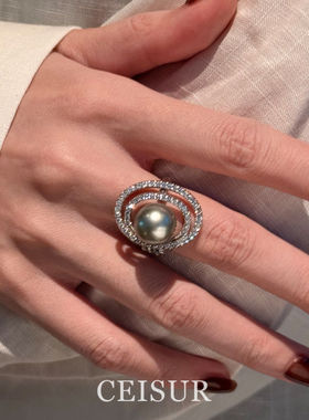 S925纯银优雅精致绕线闪钻水珍珠戒指女复古绝美轻奢高级感食指戒